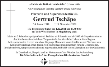 Traueranzeige von Gertrud Tschäpe  von Magdeburger Volksstimme