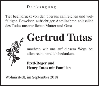 Traueranzeige von Gertrud Tutas  von Magdeburger Volksstimme