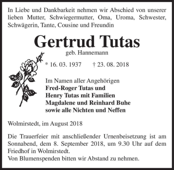 Traueranzeige von Gertrud Tutas (geb. Hannemann)  von Magdeburger Volksstimme