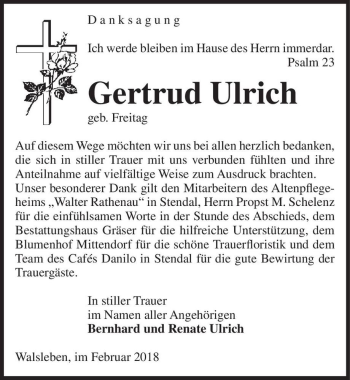 Traueranzeige von Gertrud Ulrich (geb. Freitag)  von Magdeburger Volksstimme