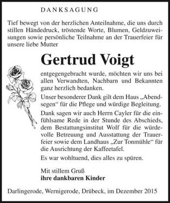 Traueranzeige von Gertrud Voigt  von Magdeburger Volksstimme