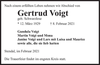 Traueranzeige von Gertrud Voigt (geb. Schwarzlose)  von Magdeburger Volksstimme