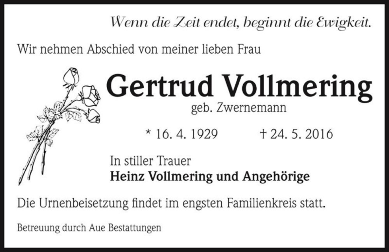  Traueranzeige für Gertrud Vollmering (geb. Zwernemann)  vom 28.05.2016 aus Magdeburger Volksstimme