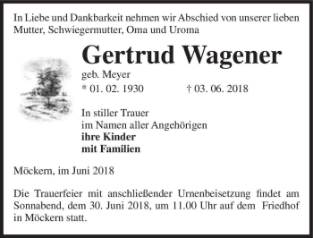 Traueranzeige von Gertrud Wagener (geb. Meyer)  von Magdeburger Volksstimme