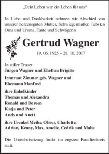 Traueranzeige von Gertrud Wagner  von Magdeburger Volksstimme