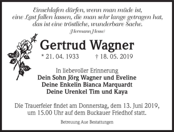 Traueranzeige von Gertrud Wagner  von Magdeburger Volksstimme
