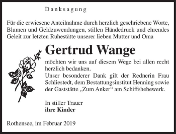 Traueranzeige von Gertrud Wange  von Magdeburger Volksstimme