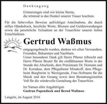 Traueranzeige von Gertrud Waßmus  von Magdeburger Volksstimme