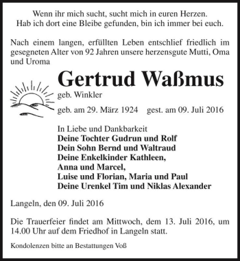 Traueranzeige von Gertrud Waßmus (geb. Winkler)  von Magdeburger Volksstimme