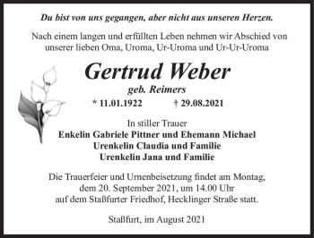 Traueranzeige von Gertrud Weber (geb. Reimers)  von Magdeburger Volksstimme