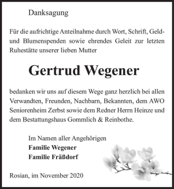Traueranzeige von Gertrud Wegener  von Magdeburger Volksstimme