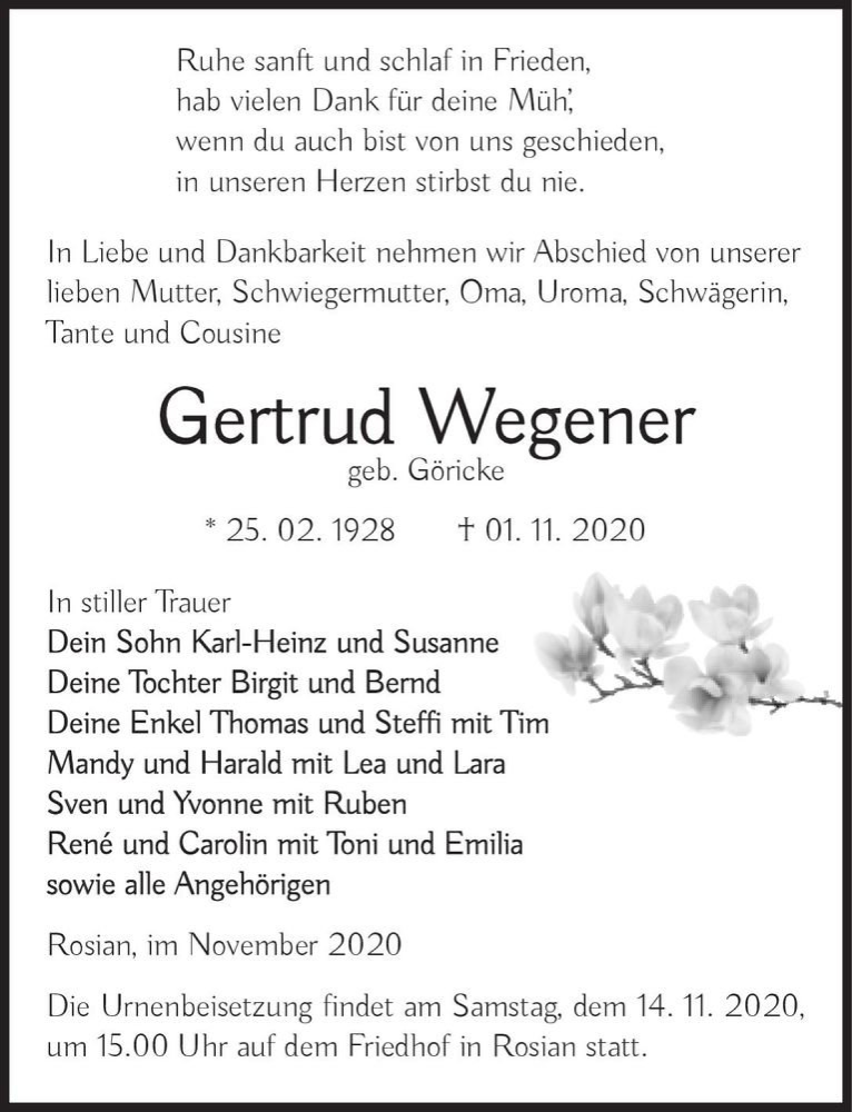  Traueranzeige für Gertrud Wegener (geb. Göricke)  vom 07.11.2020 aus Magdeburger Volksstimme
