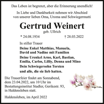 Traueranzeige von Gertrud Weinert (geb. Ullrich)  von Magdeburger Volksstimme