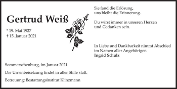 Traueranzeige von Gertrud Weiß  von Magdeburger Volksstimme