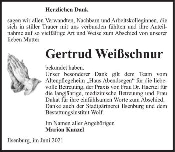 Traueranzeige von Gertrud Weißschnur  von Magdeburger Volksstimme