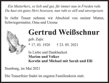 Traueranzeige von Gertrud Weißschnur (geb. Zajie)  von Magdeburger Volksstimme