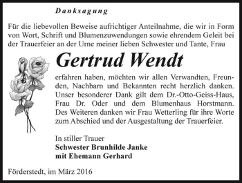 Traueranzeige von Gertrud Wendt  von Magdeburger Volksstimme