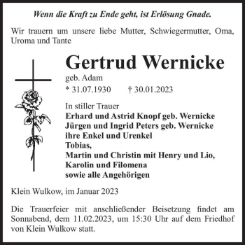 Traueranzeige von Gertrud Wernicke (geb. Adam)  von Magdeburger Volksstimme