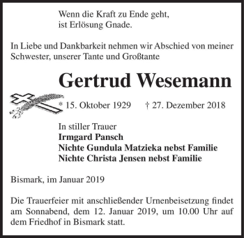 Traueranzeige von Gertrud Wesemann  von Magdeburger Volksstimme