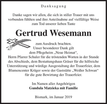Traueranzeige von Gertrud Wesemann  von Magdeburger Volksstimme