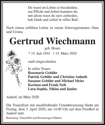 Traueranzeige von Gertrud Wichmann (geb. Heuer)  von Magdeburger Volksstimme