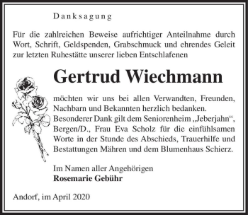 Traueranzeige von Gertrud Wiechmann  von Magdeburger Volksstimme
