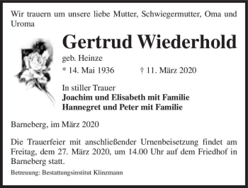 Traueranzeige von Gertrud Wiederhold (geb. Heinze)  von Magdeburger Volksstimme