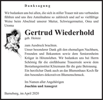 Traueranzeige von Gertrud Wiederhold (geb. Heinze)  von Magdeburger Volksstimme