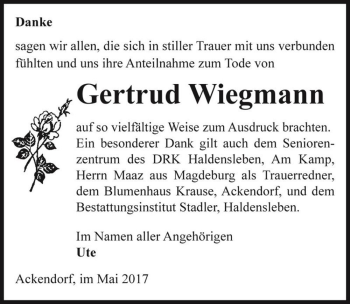 Traueranzeige von Gertrud Wiegmann  von Magdeburger Volksstimme