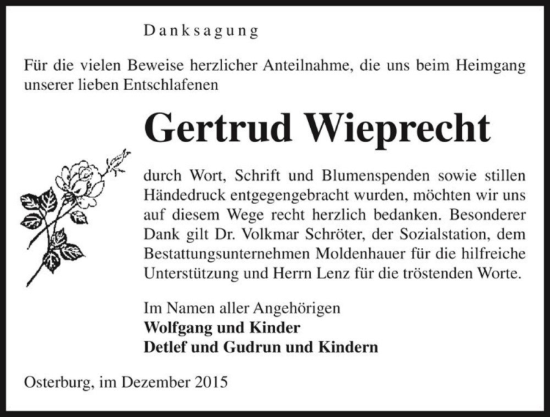  Traueranzeige für Gertrud Wieprecht  vom 16.01.2016 aus Magdeburger Volksstimme