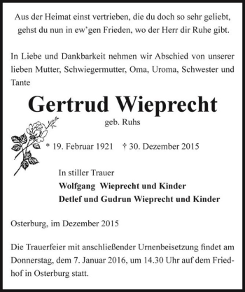 Traueranzeige von Gertrud Wieprecht (geb. Ruhs)  von Magdeburger Volksstimme
