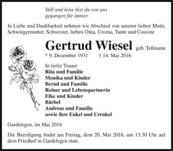 Traueranzeige von Gertrud Wiesel (geb. Teßmann)  von Magdeburger Volksstimme