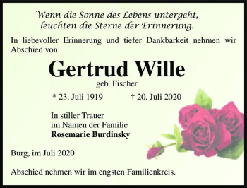 Traueranzeige von Gertrud Wille (geb. Fischer)  von Magdeburger Volksstimme