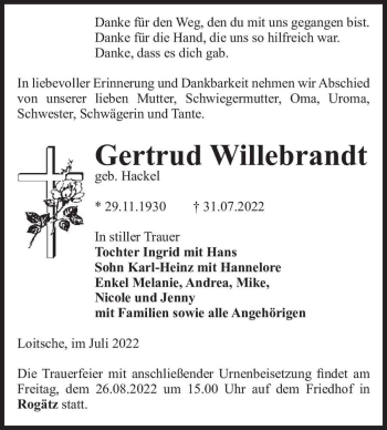 Traueranzeige von Gertrud Willebrandt (geb. Hackel)  von Magdeburger Volksstimme