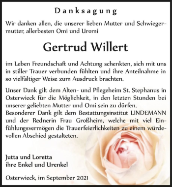 Traueranzeige von Gertrud Willert  von Magdeburger Volksstimme