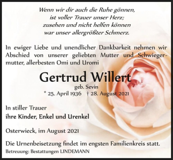 Traueranzeige von Gertrud Willert (geb. Sevin)  von Magdeburger Volksstimme