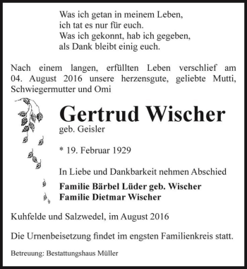 Traueranzeige von Gertrud Wischer (geb. Geisler)  von Magdeburger Volksstimme