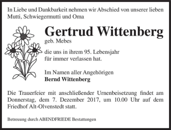 Traueranzeige von Gertrud Wittenberg (geb. Mebes)  von Magdeburger Volksstimme