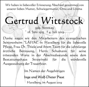 Traueranzeige von Gertrud Wittstock (geb. Sonntag)  von Magdeburger Volksstimme