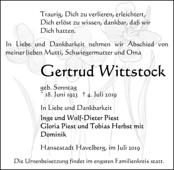 Traueranzeige von Gertrud Wittstock (geb. Sonntag)  von Magdeburger Volksstimme