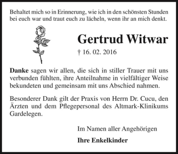 Traueranzeige von Gertrud Witwar  von Magdeburger Volksstimme