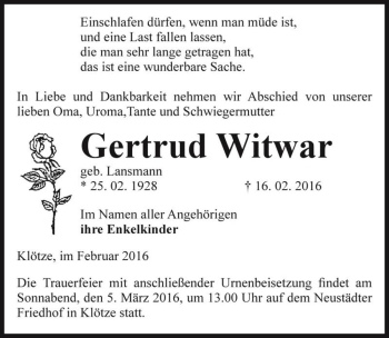 Traueranzeige von Gertrud Witwar (geb. Lansmann)  von Magdeburger Volksstimme