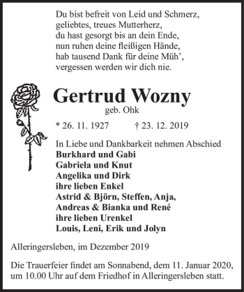 Traueranzeige von Gertrud Wozny (geb. Ohk)  von Magdeburger Volksstimme