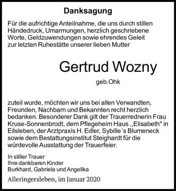 Traueranzeige von Gertrud Wozny (geb. Ohk)  von Magdeburger Volksstimme