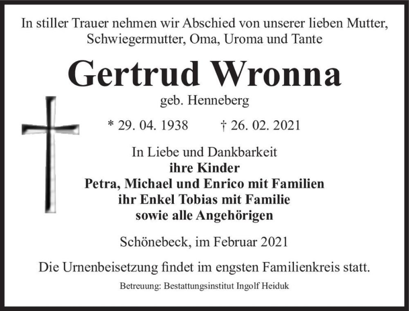  Traueranzeige für Gertrud Wronna (geb. Henneberg)  vom 06.03.2021 aus Magdeburger Volksstimme
