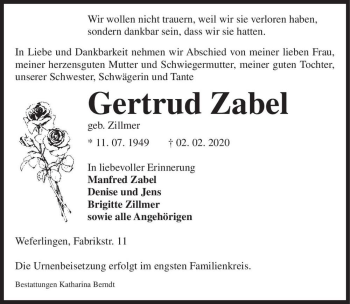 Traueranzeige von Gertrud Zabel (geb. Zillmer)  von Magdeburger Volksstimme