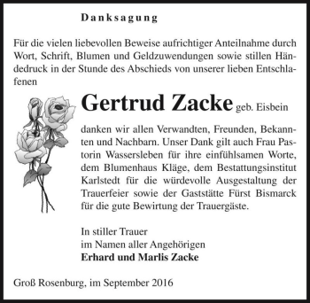 Traueranzeige von Gertrud Zacke  von Magdeburger Volksstimme