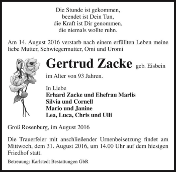 Traueranzeige von Gertrud Zacke (geb. Eisbein)  von Magdeburger Volksstimme