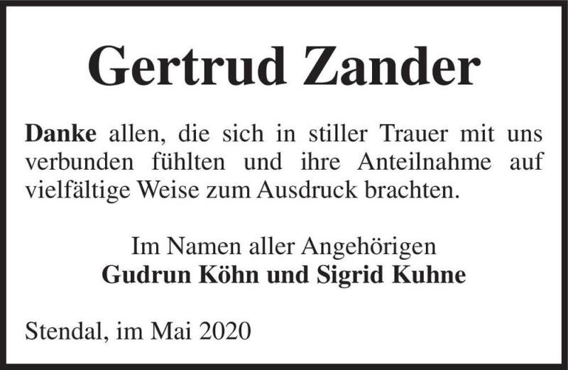  Traueranzeige für Gertrud Zander  vom 22.05.2020 aus Magdeburger Volksstimme