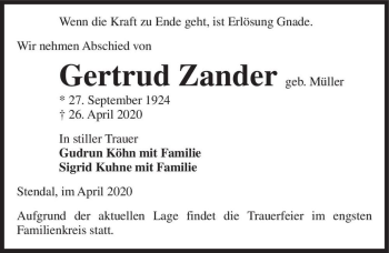 Traueranzeige von Gertrud Zander (geb. Müller)  von Magdeburger Volksstimme